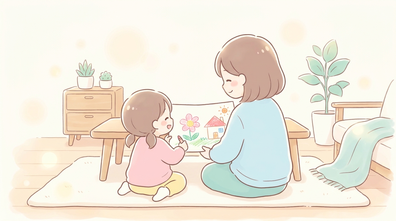 3歳の女の子が描いた絵を一緒に眺めて感心しているお母さんの後ろ姿、温かい家庭の風景