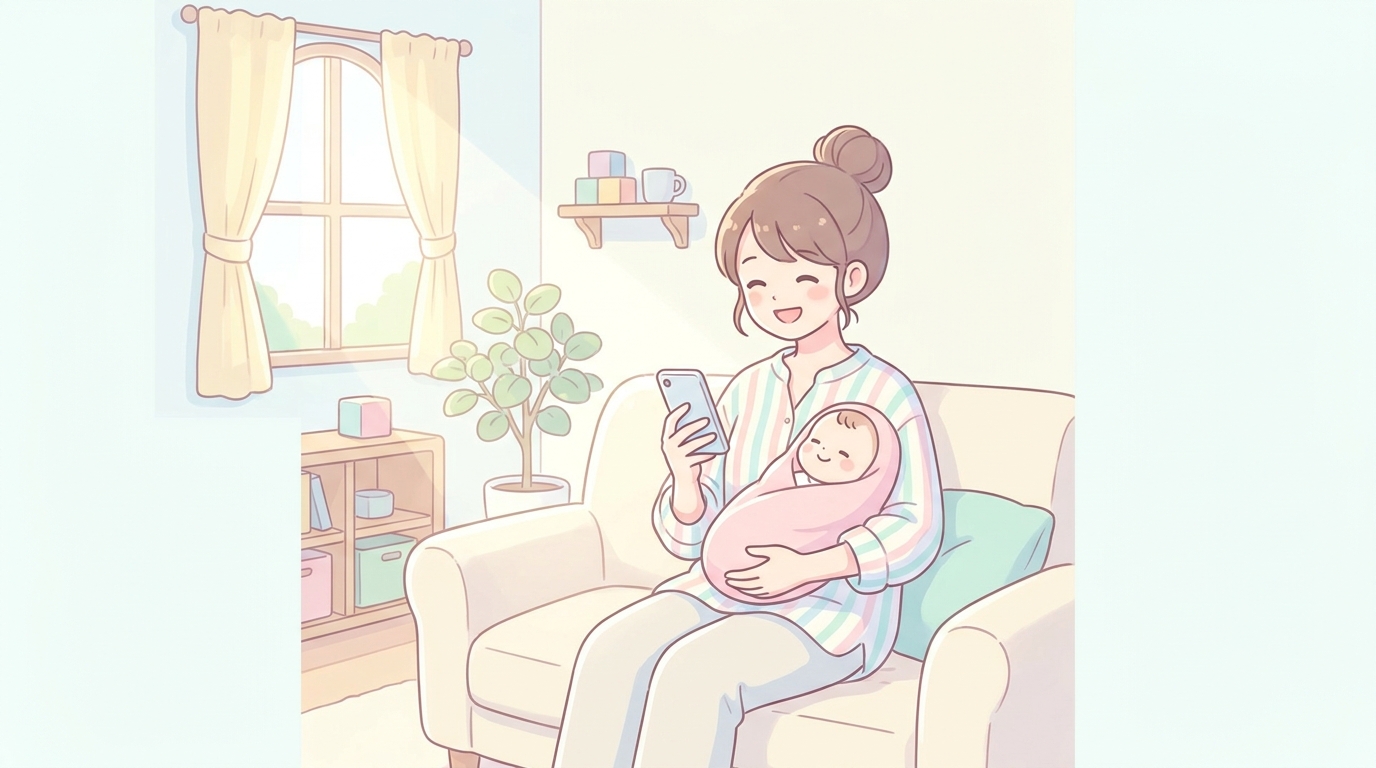 赤ちゃんを抱っこしながら笑顔でスマートフォンを見る20代後半の母親、明るいリビングルーム
