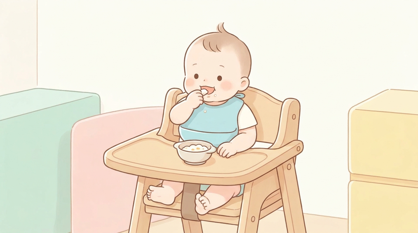 木製のハイチェアに座って離乳食を食べる10ヶ月の赤ちゃん、シリコンビブを着用
