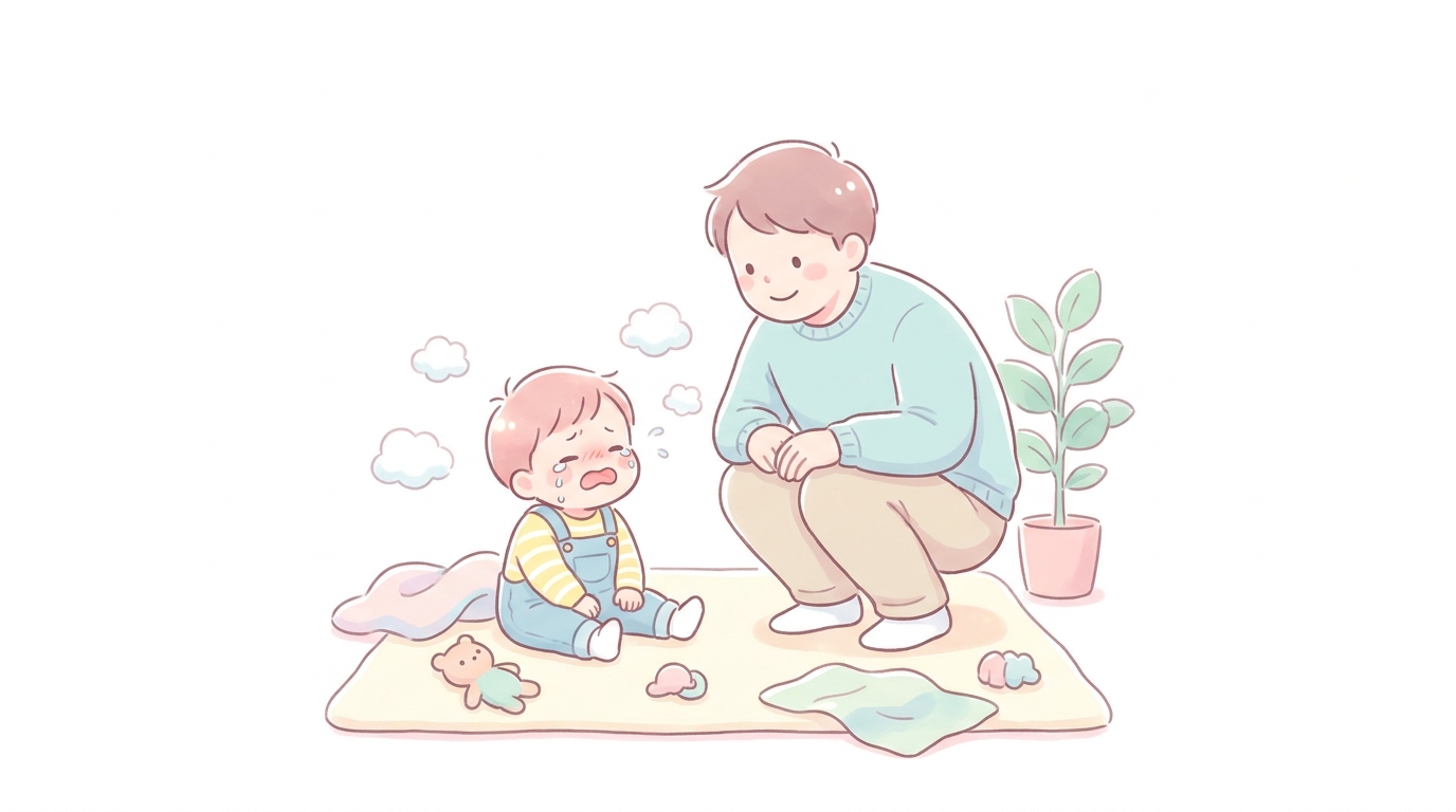 床に座り込んで泣く2歳児を優しく見守りながら同じ目線でしゃがむ父親
