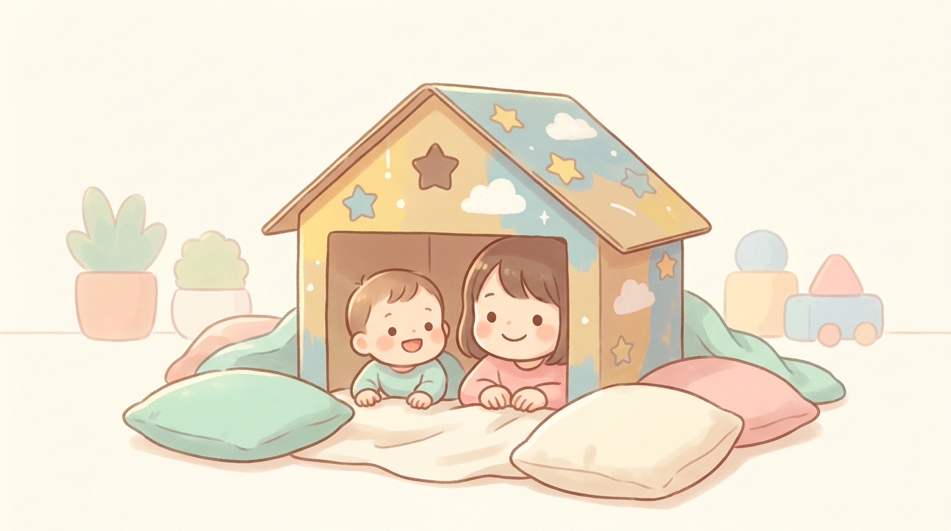 リビングの床で段ボールハウスの中から顔を出して笑う1歳半の子どもと姉