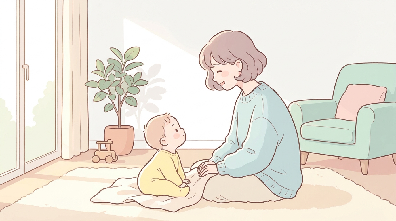 リビングで赤ちゃんと目を合わせて優しく微笑む母親の横顔、自然光が差し込む温かい雰囲気