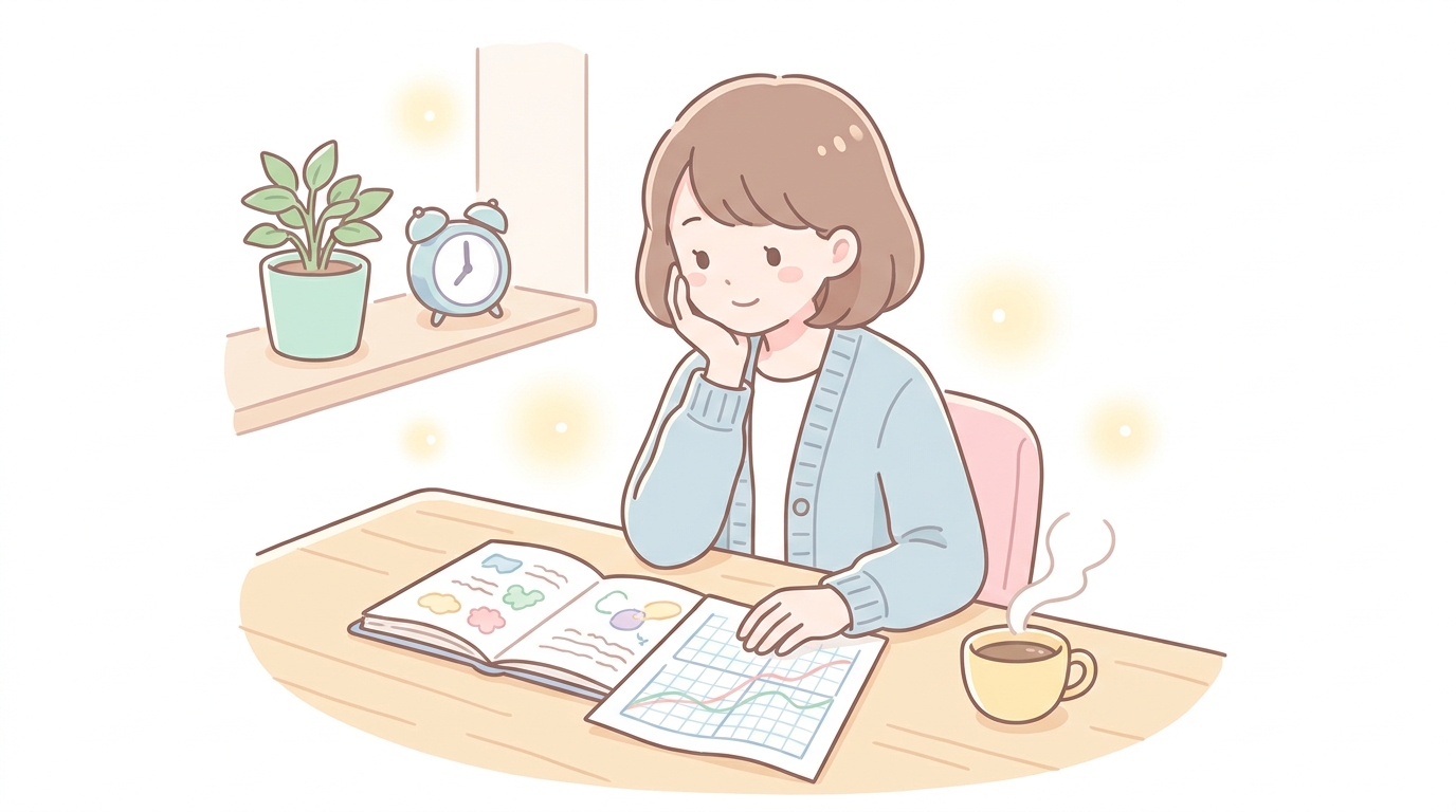 ノートとグラフ資料を見ながら考え込む子育て世代の女性、机の上にコーヒーカップが置かれた落ち着いた書斎風景
