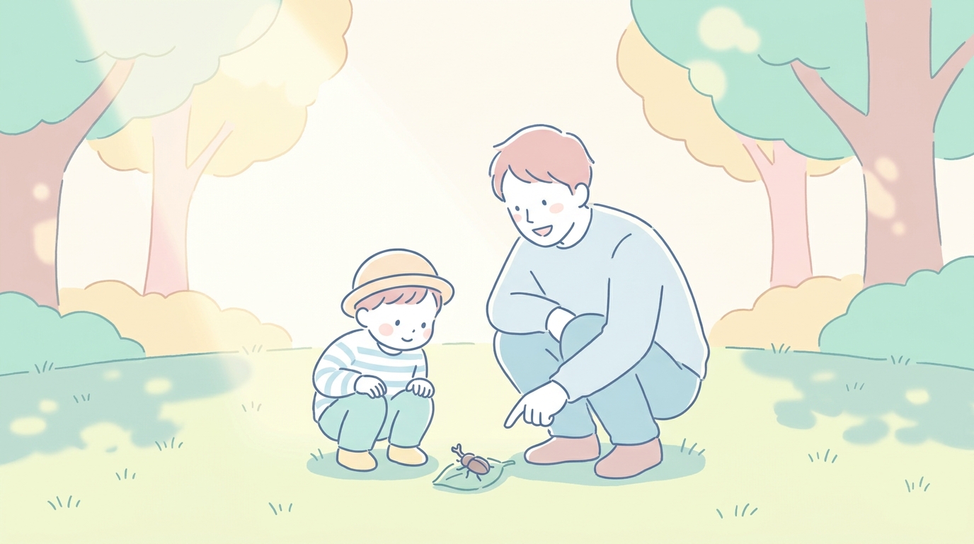 公園の芝生で2歳くらいの男の子と父親が一緒にしゃがんで虫を観察している、午後の柔らかい光が差すシーン