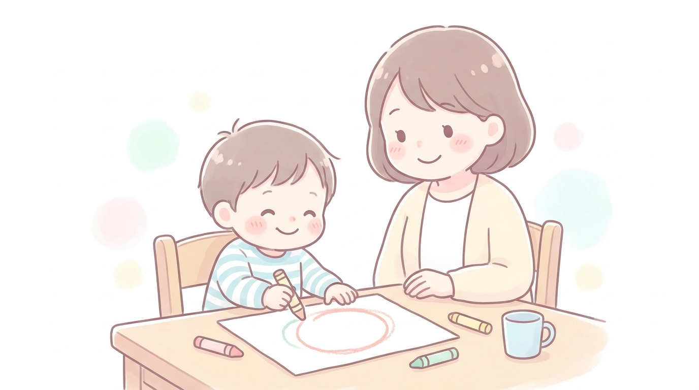 ダイニングテーブルでクレヨンを握って絵を描く2歳児と、隣で笑顔で見守る母親、紙には大きな丸が描かれている