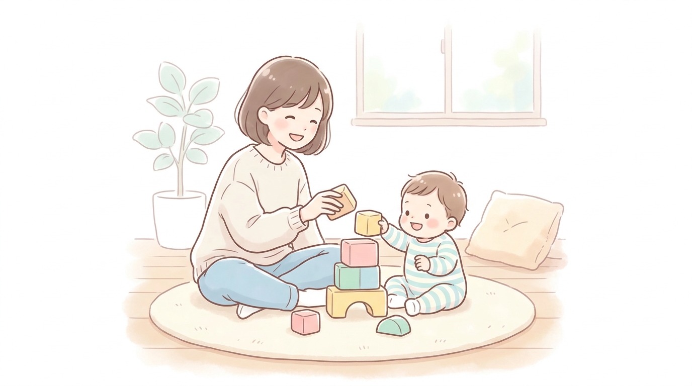 リビングの床に座って1歳児と笑顔で積み木を重ねて遊ぶ母親の柔らかな日常風景