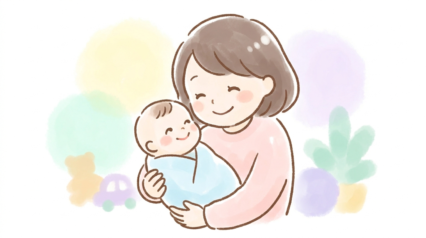 抱っこされた0歳児が母親の顔を見つめて微笑む温かい瞬間