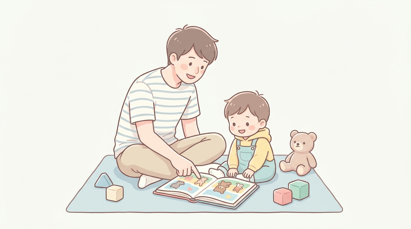 床に広げた絵本を指さしながら2歳児と会話する父親の優しい表情
