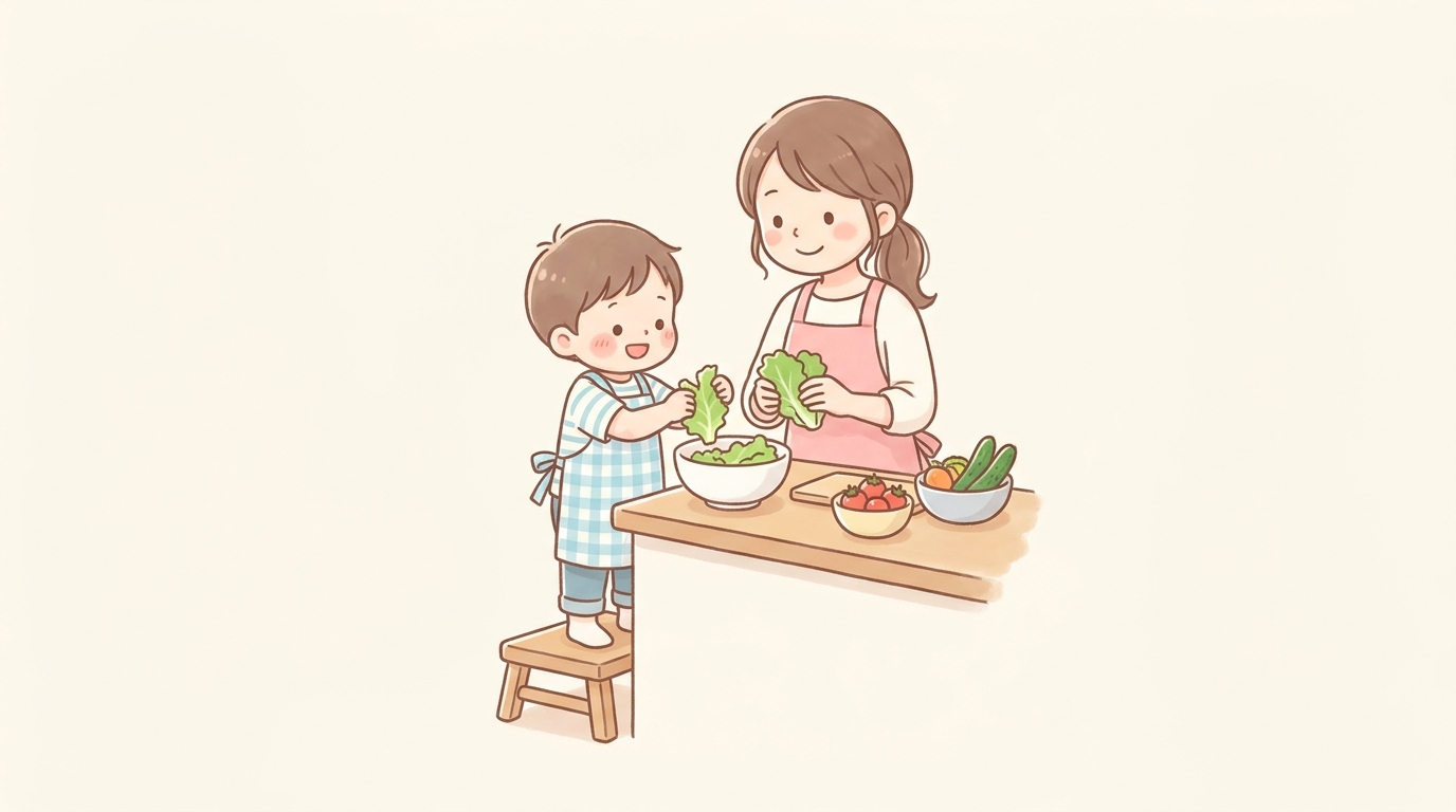 エプロン姿の3歳児が踏み台に立ち、母親と一緒にサラダのレタスをちぎっている様子