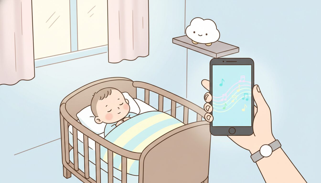 薄暗い寝室でベビーベッドに横たわる赤ちゃんと、スマートフォンで音楽を再生する母親の優しい手元