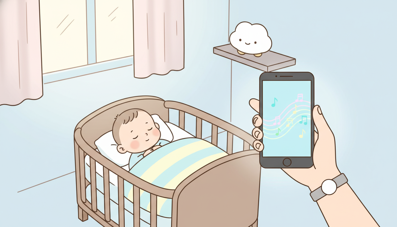薄暗い寝室でベビーベッドに横たわる赤ちゃんと、スマートフォンで音楽を再生する母親の優しい手元