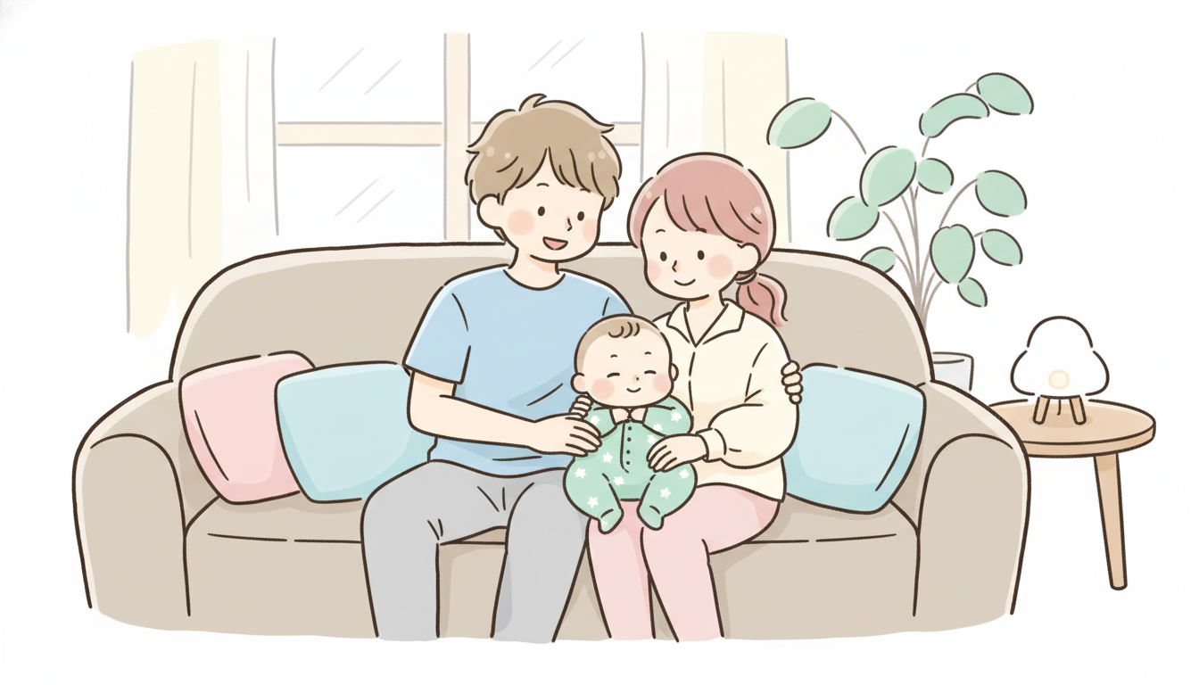 リビングのソファでくつろぐ若い夫婦と、その膝の上で穏やかな表情をしている乳児
