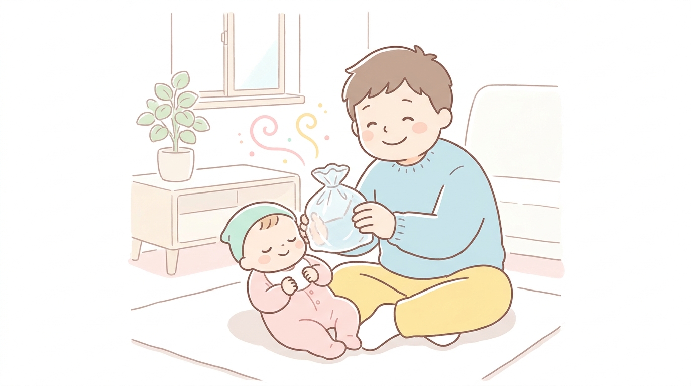 明るいリビングで赤ちゃんの耳元でレジ袋をやさしく鳴らしてあやす父親の様子