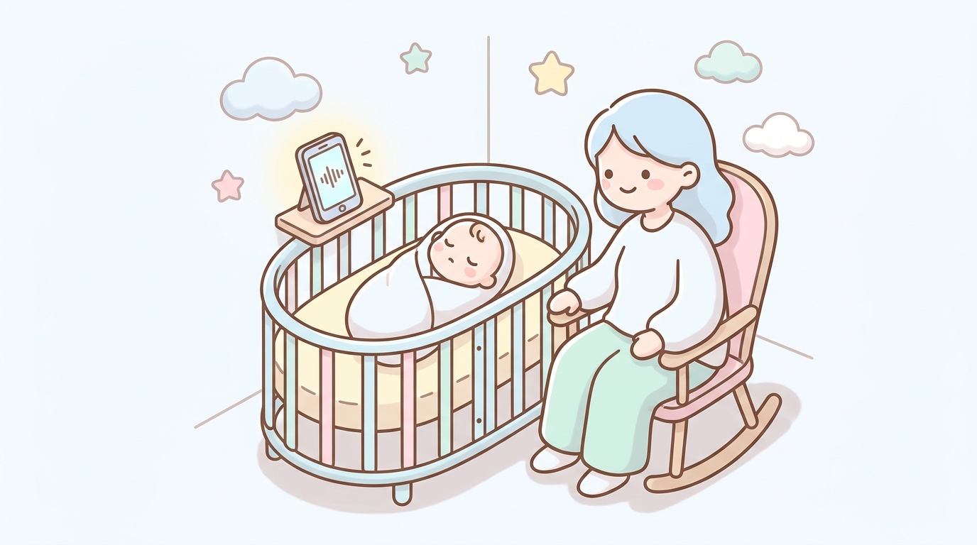 スマートフォンでホワイトノイズの動画を再生しベビーベッドで眠る赤ちゃんを見守る母親