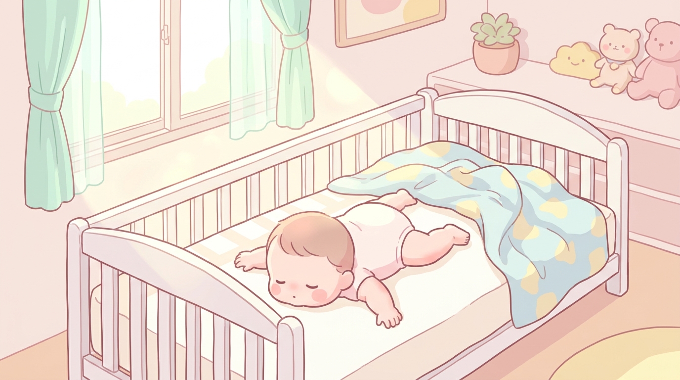 ベビーベッドの上で布団から飛び出して大の字になって眠る生後半年ほどの赤ちゃん、自然光の差し込む朝の寝室