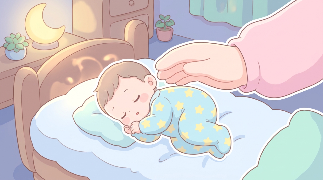 スリーパーを着てぐっすり眠る赤ちゃんと、優しく見守る親の手、暖色系の柔らかな照明の部屋