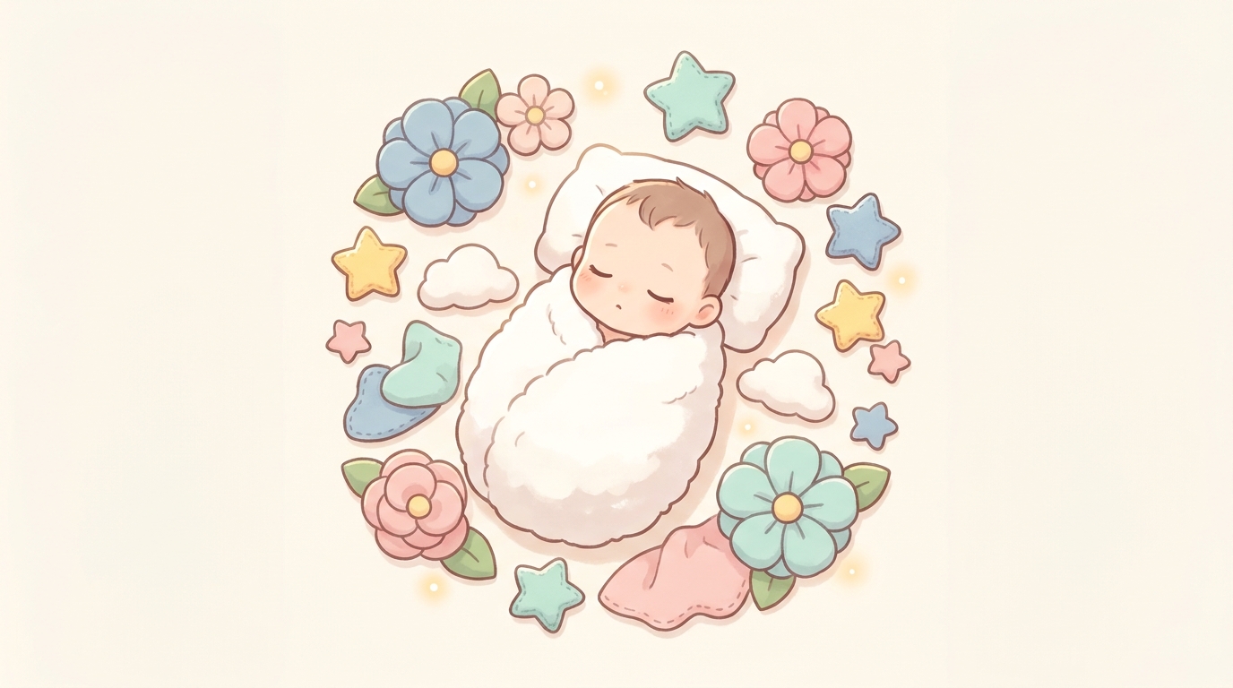 白いブランケットの上で眠る赤ちゃんの周りに造花や星形の小物が配置された俯瞰アングルの寝相アート