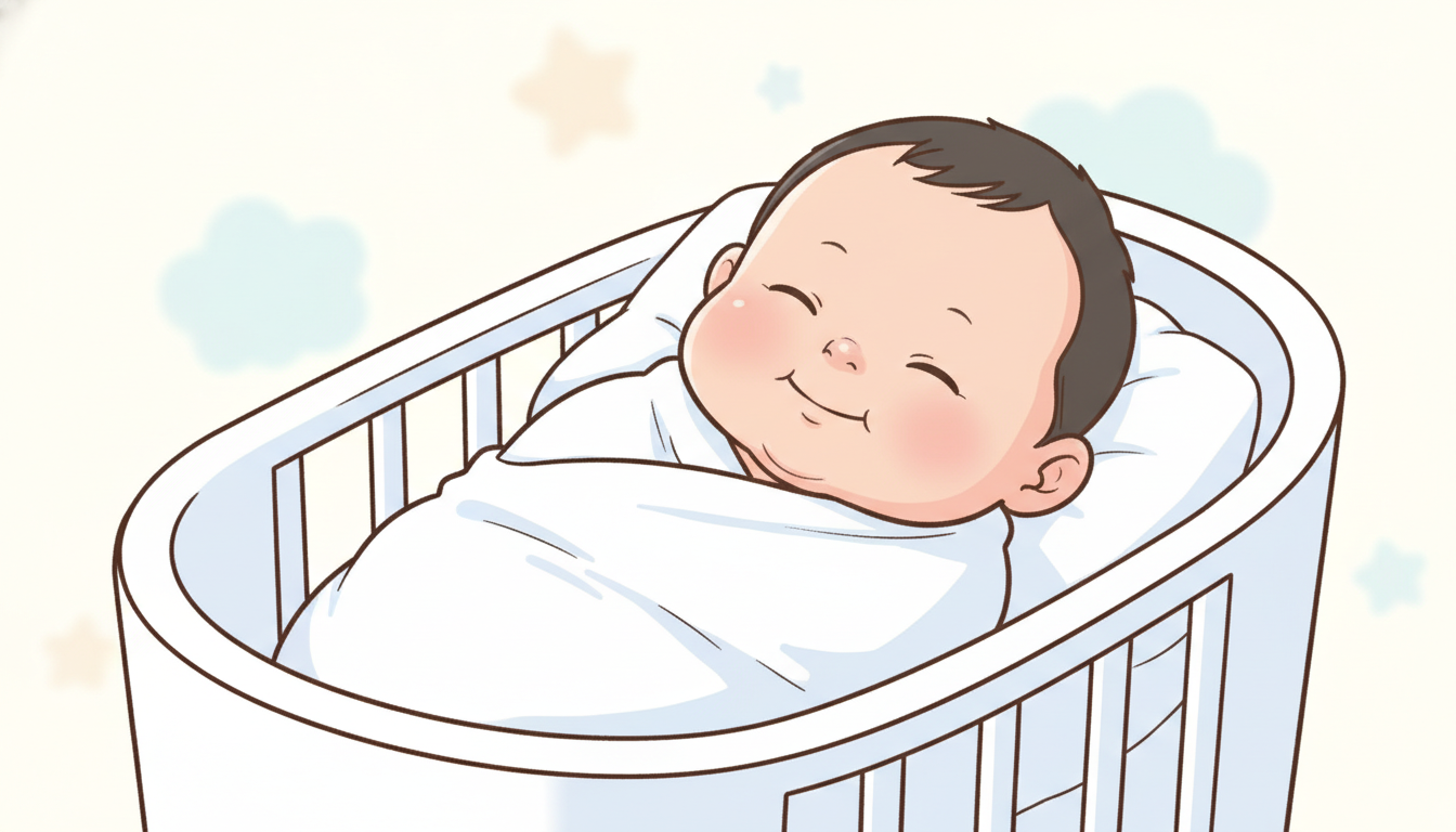 白いベビーベッドですやすや眠りながら口角を上げて微笑む生後数日の赤ちゃんの柔らかな表情のクローズアップ