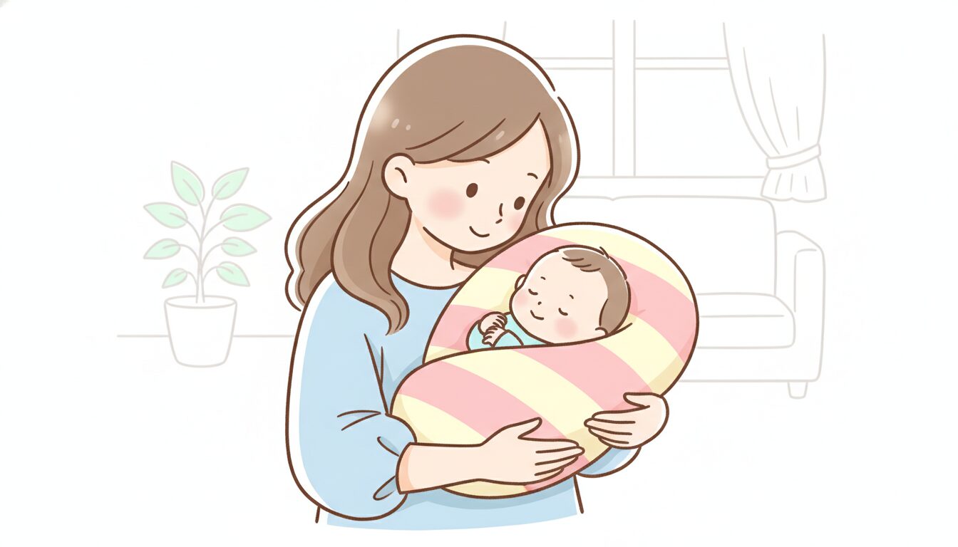 自宅のリビングで授乳クッションに包まれた生後1ヶ月の赤ちゃんを優しく見つめる母親の温かい光景