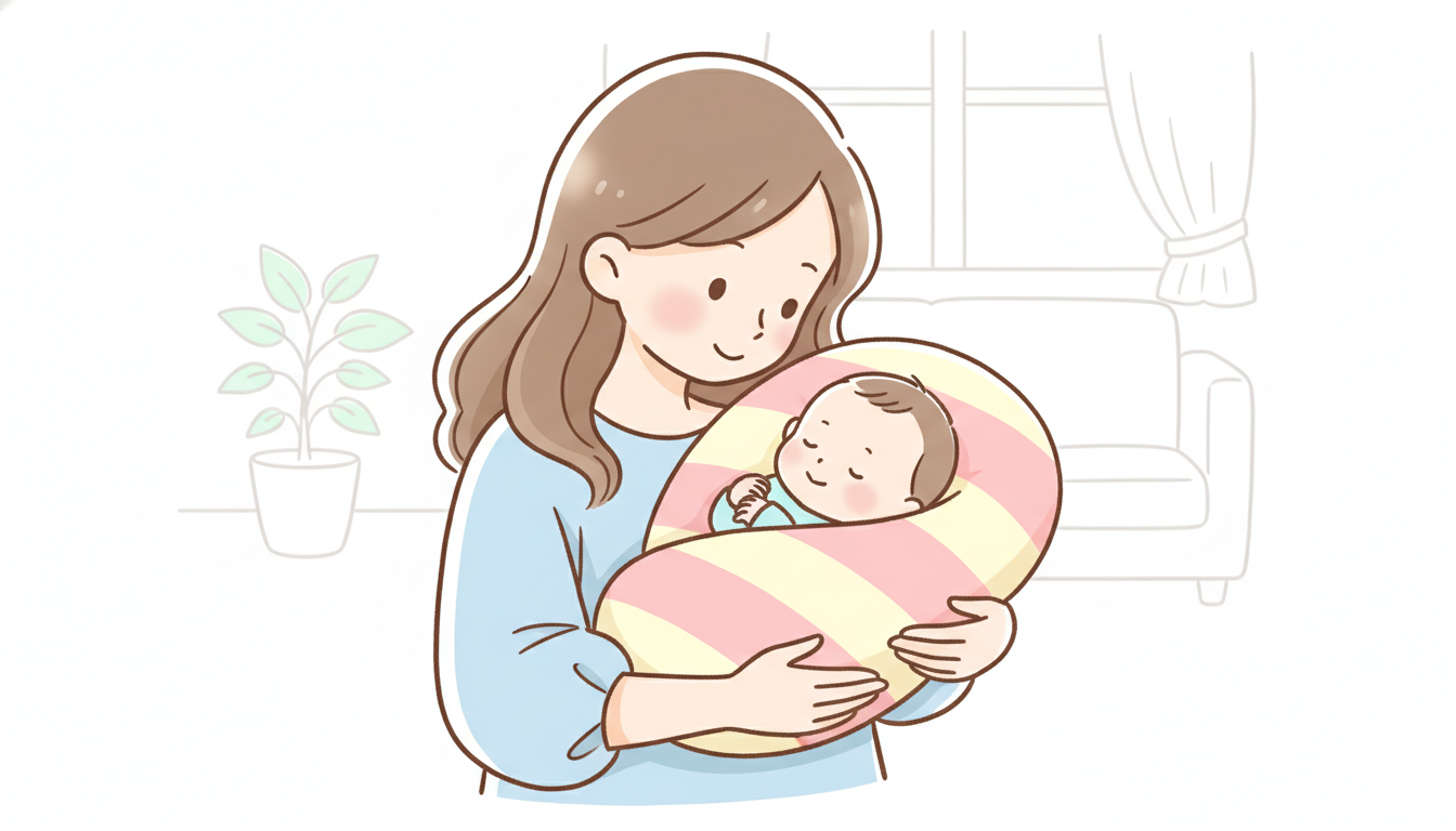 自宅のリビングで授乳クッションに包まれた生後1ヶ月の赤ちゃんを優しく見つめる母親の温かい光景