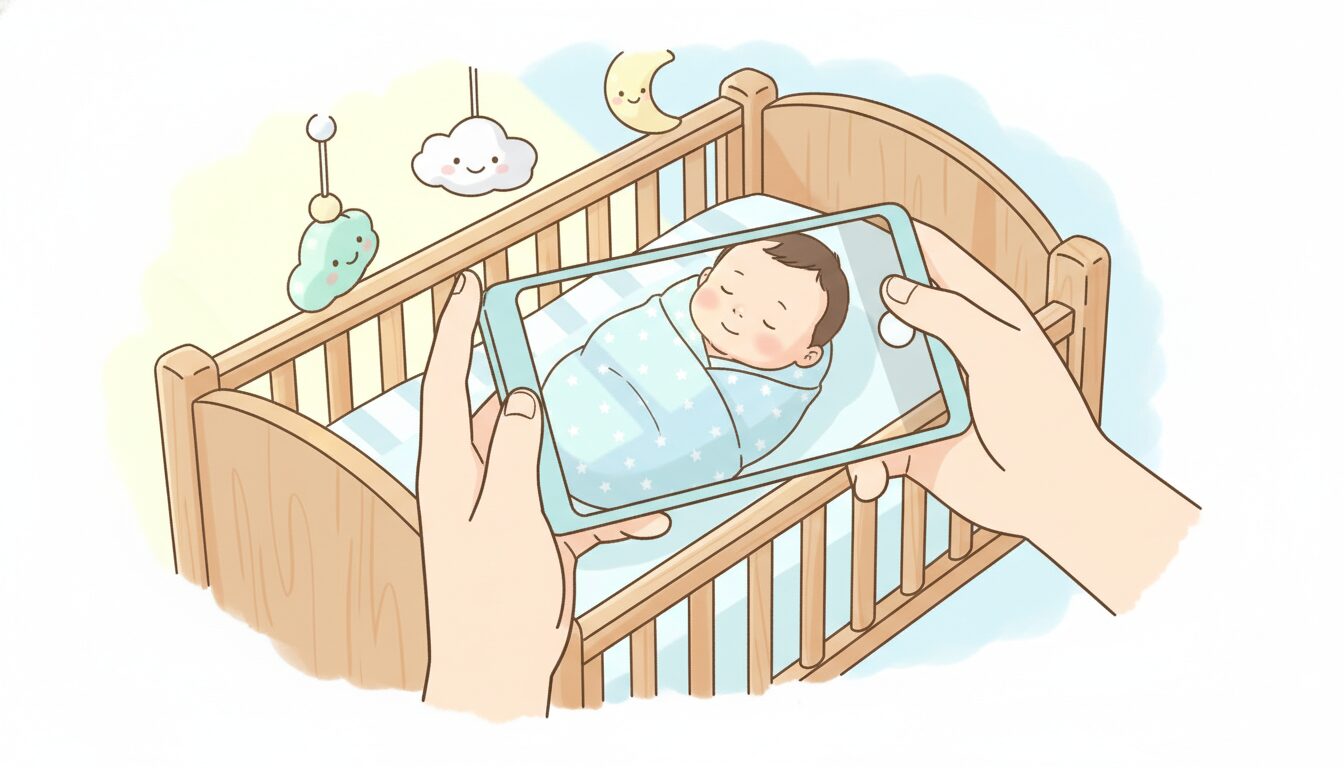 木製のベビーベッドで眠る新生児を撮影するためにスマートフォンを構える父親の手元と柔らかい朝の光