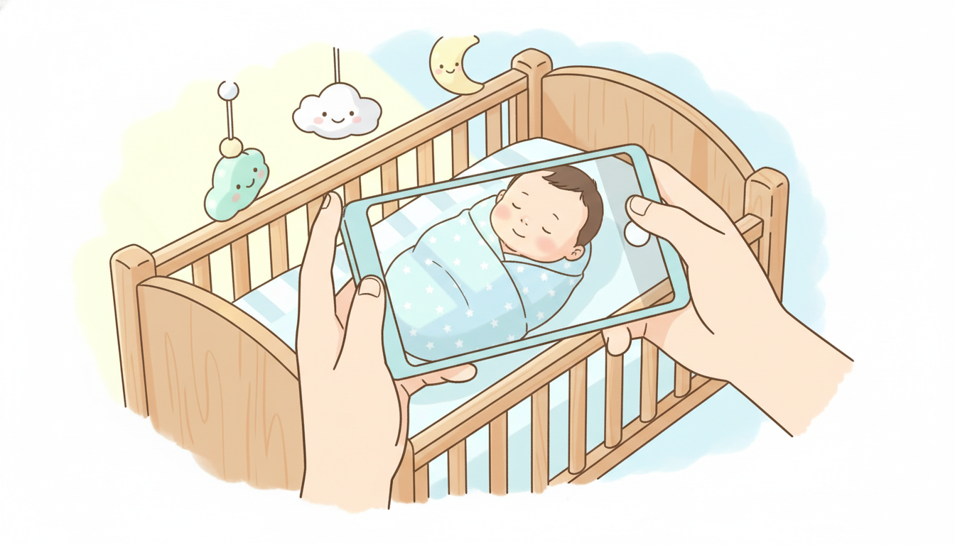木製のベビーベッドで眠る新生児を撮影するためにスマートフォンを構える父親の手元と柔らかい朝の光