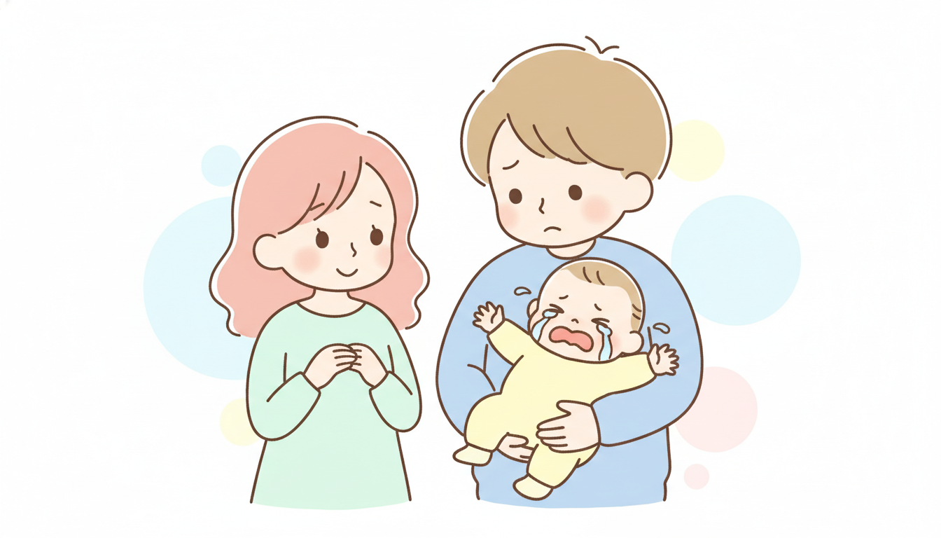 パパに抱っこされて泣いている生後半年ほどの赤ちゃんと、横で微笑みながら見守る母親の柔らかい雰囲気の家庭シーン