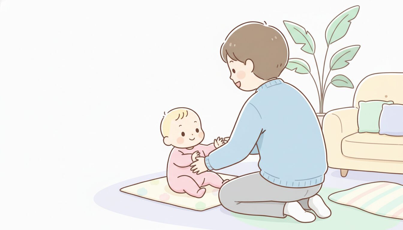 リビングで赤ちゃんと目線を合わせて優しく話しかける父親の温かい後ろ姿