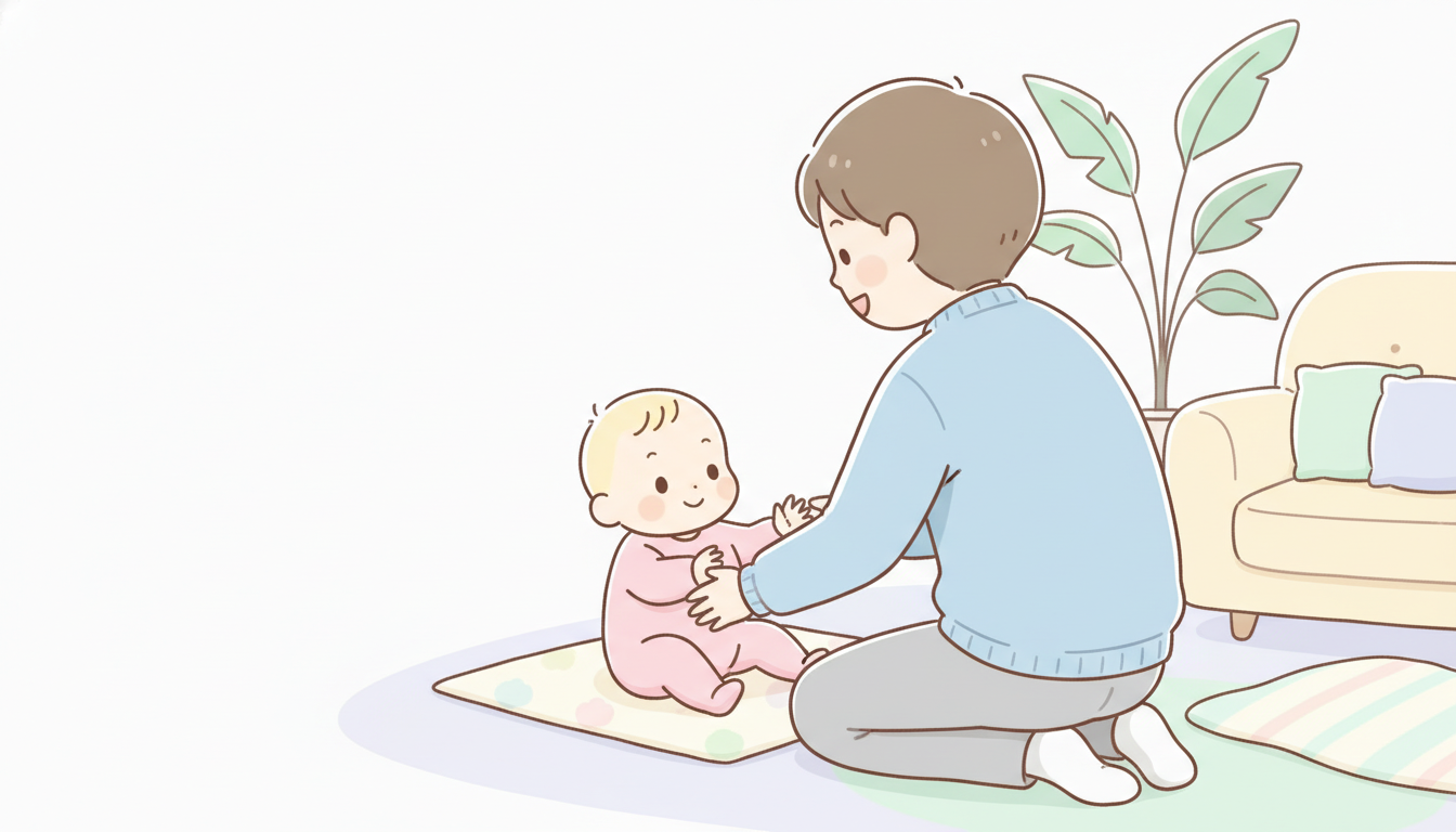 リビングで赤ちゃんと目線を合わせて優しく話しかける父親の温かい後ろ姿
