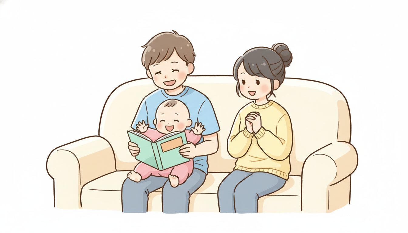 ソファに座って絵本を読みながら笑い合う父親と1歳前後の赤ちゃん、ママが横で温かく見守る家族のひととき