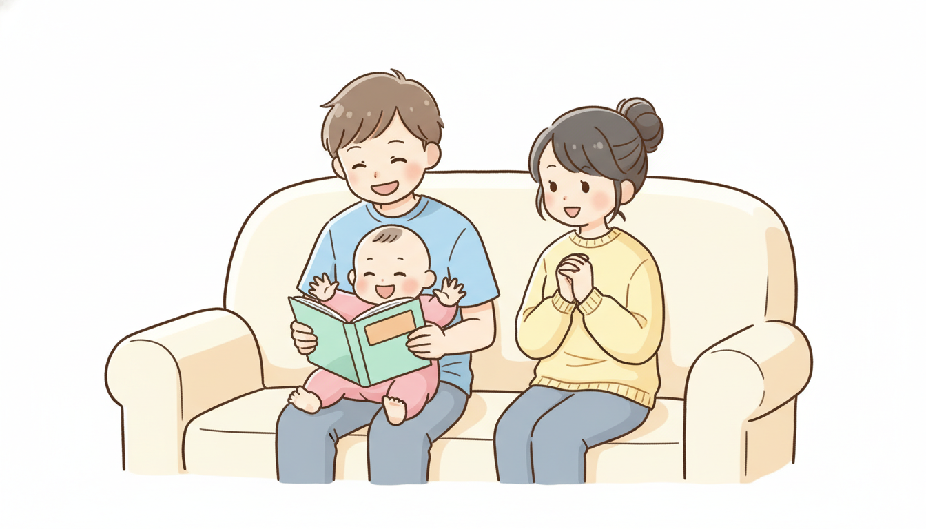 ソファに座って絵本を読みながら笑い合う父親と1歳前後の赤ちゃん、ママが横で温かく見守る家族のひととき
