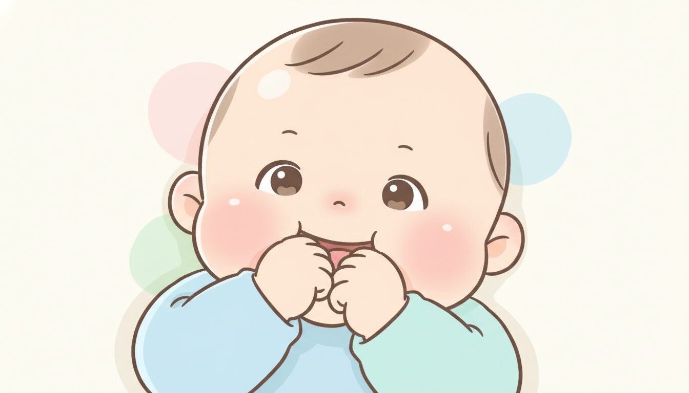 仰向けに寝ながら自分のこぶしを口に入れている生後3ヶ月くらいの赤ちゃんのアップ写真、柔らかな自然光
