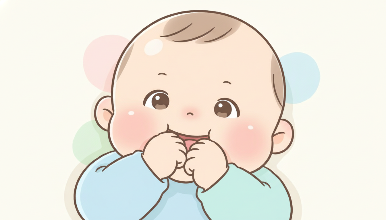 仰向けに寝ながら自分のこぶしを口に入れている生後3ヶ月くらいの赤ちゃんのアップ写真、柔らかな自然光