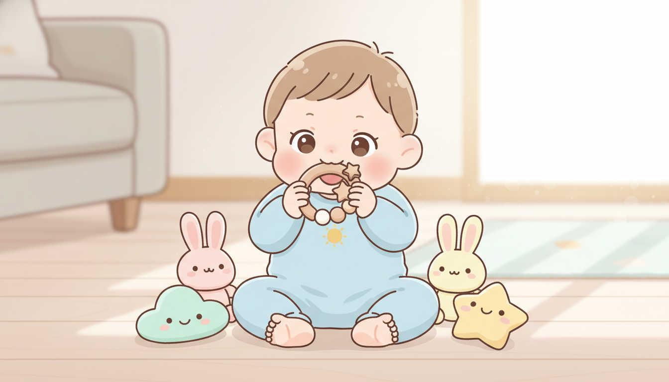 木製のおもちゃを握りながら口に入れて感触を確かめている生後6ヶ月の赤ちゃん、リビングの明るい床に座って遊んでいる様子