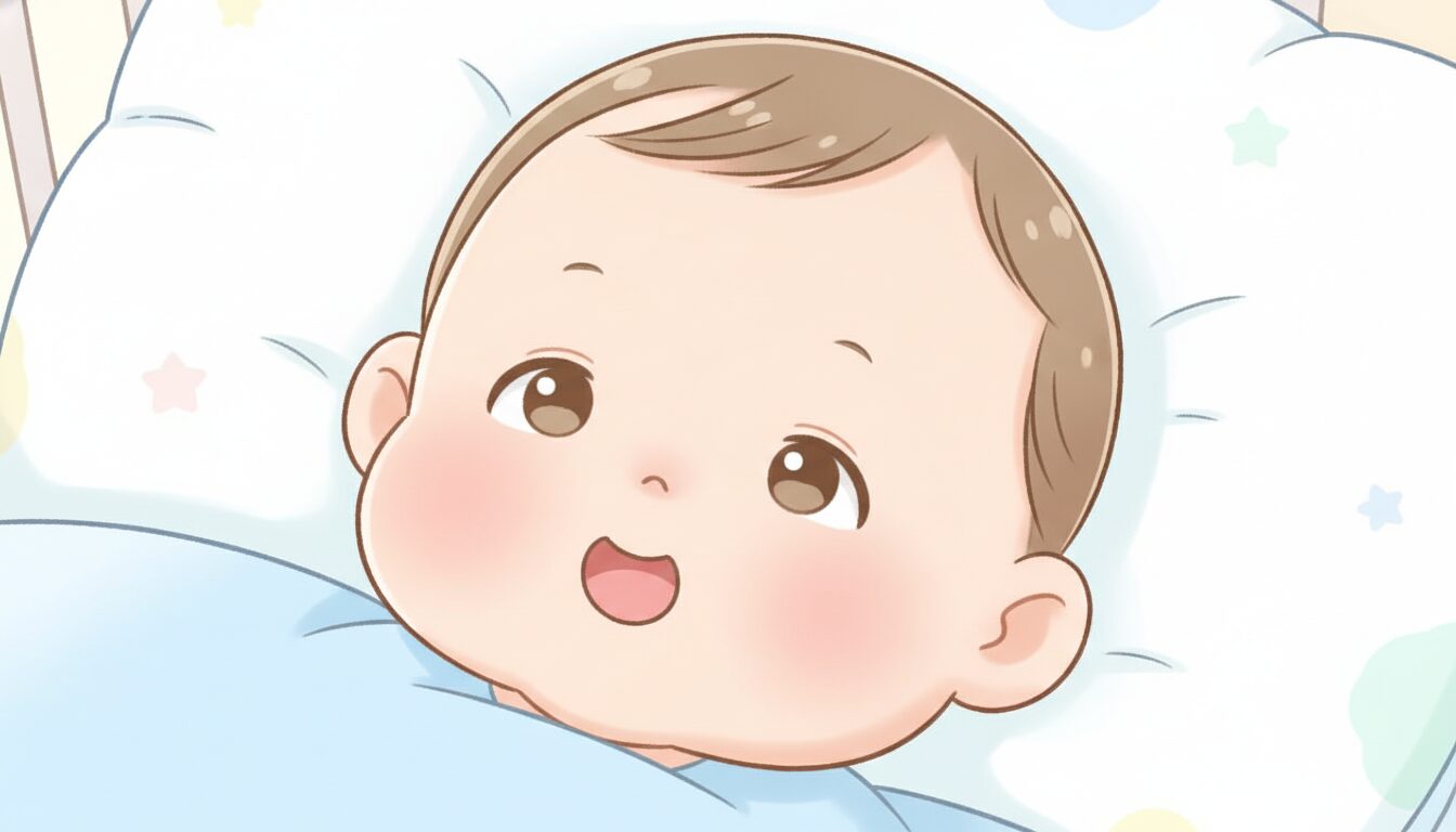 ベビーベッドに寝転がりながら口を小さく開けて「うー」と声を出す生後2ヶ月の赤ちゃんの顔のアップ