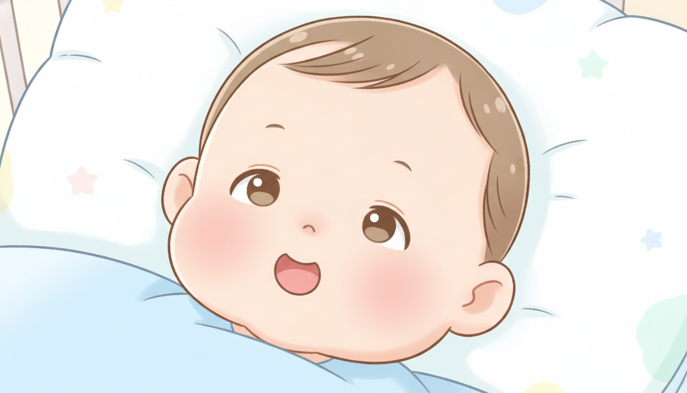 ベビーベッドに寝転がりながら口を小さく開けて「うー」と声を出す生後2ヶ月の赤ちゃんの顔のアップ