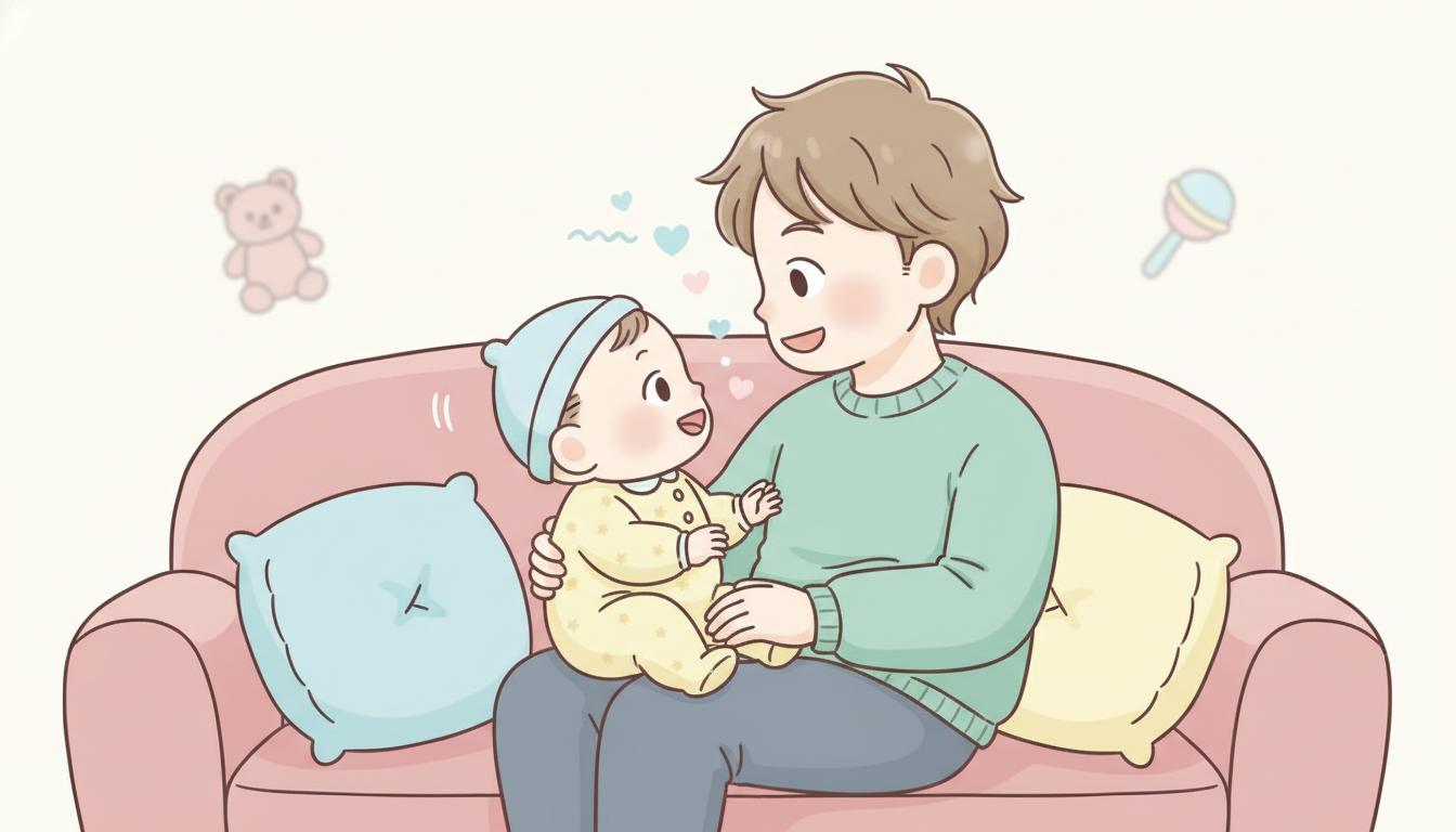 ソファでパパの膝に座り、向かい合って笑顔で目線を合わせながら声を交わす生後3ヶ月の赤ちゃんと父親