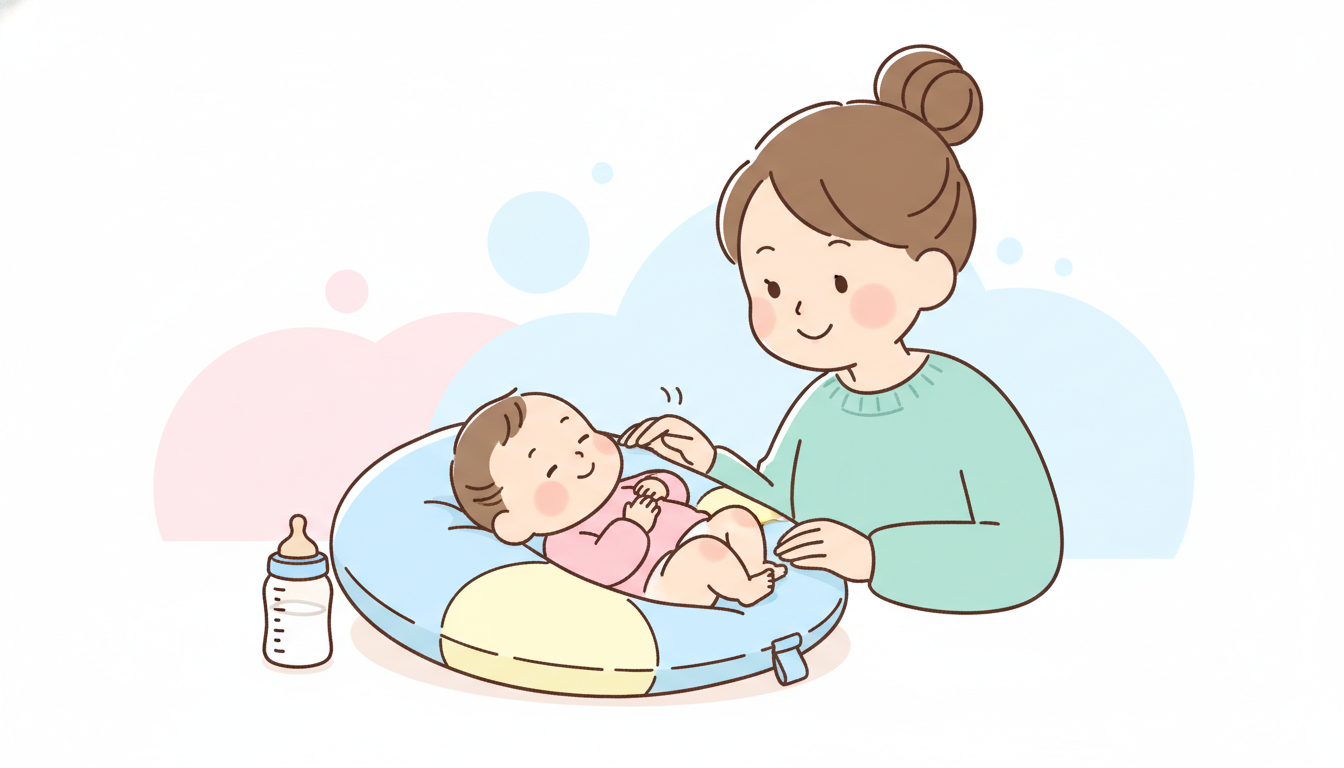 授乳クッションの上でミルクを飲み終わった赤ちゃんが、満足そうに頭を左右に振っている様子を見守るお母さん
