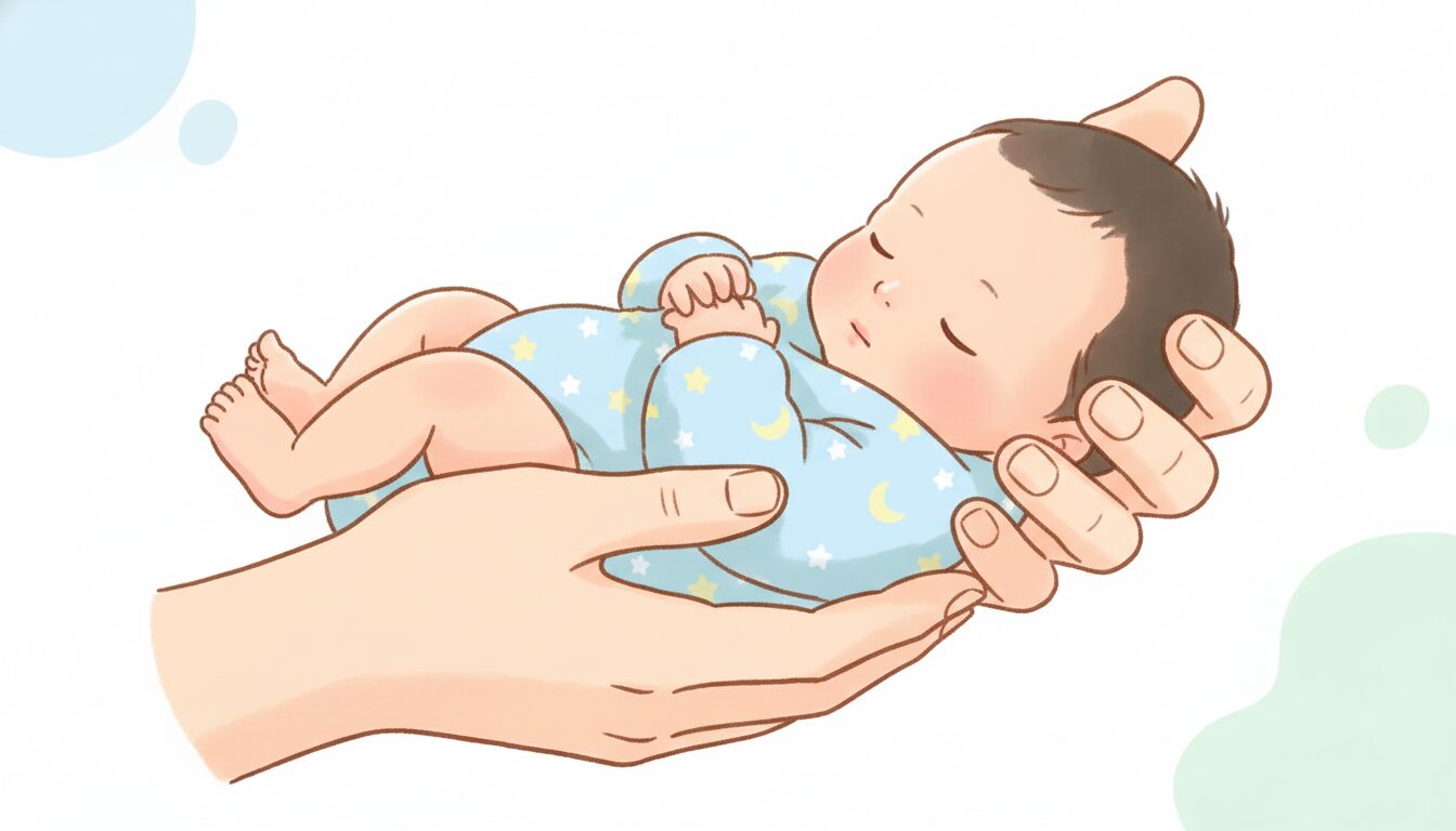 生後1ヶ月ほどの新生児を優しく横抱きする母親の手元アップ、柔らかな朝の自然光