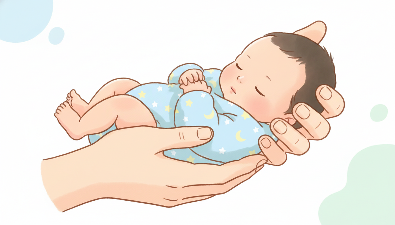 生後1ヶ月ほどの新生児を優しく横抱きする母親の手元アップ、柔らかな朝の自然光