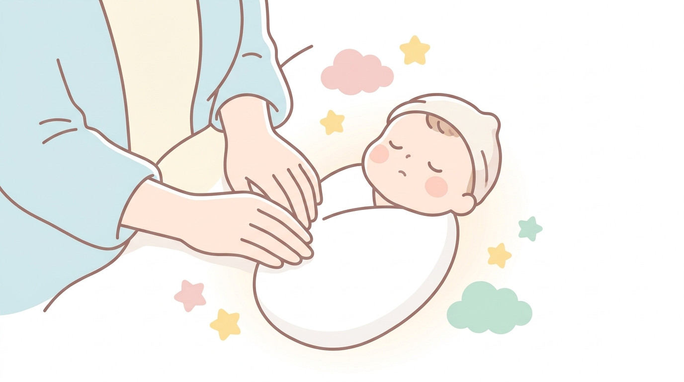 白いおくるみに包まれて穏やかに眠る生後1か月ほどの赤ちゃんを優しく見守る母親の手元