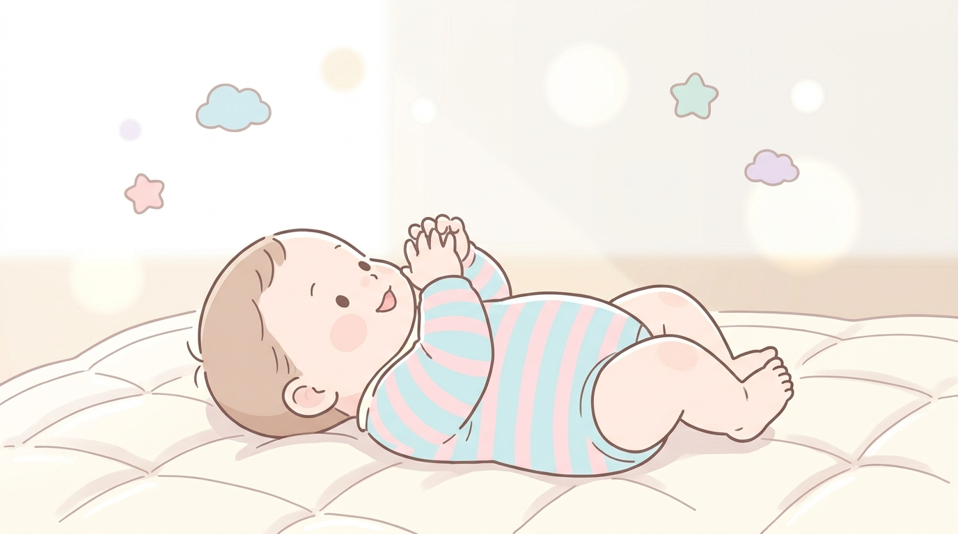 リビングのプレイマットの上で仰向けに寝そべり自分の両手をじっと見つめる生後3か月くらいの赤ちゃん
