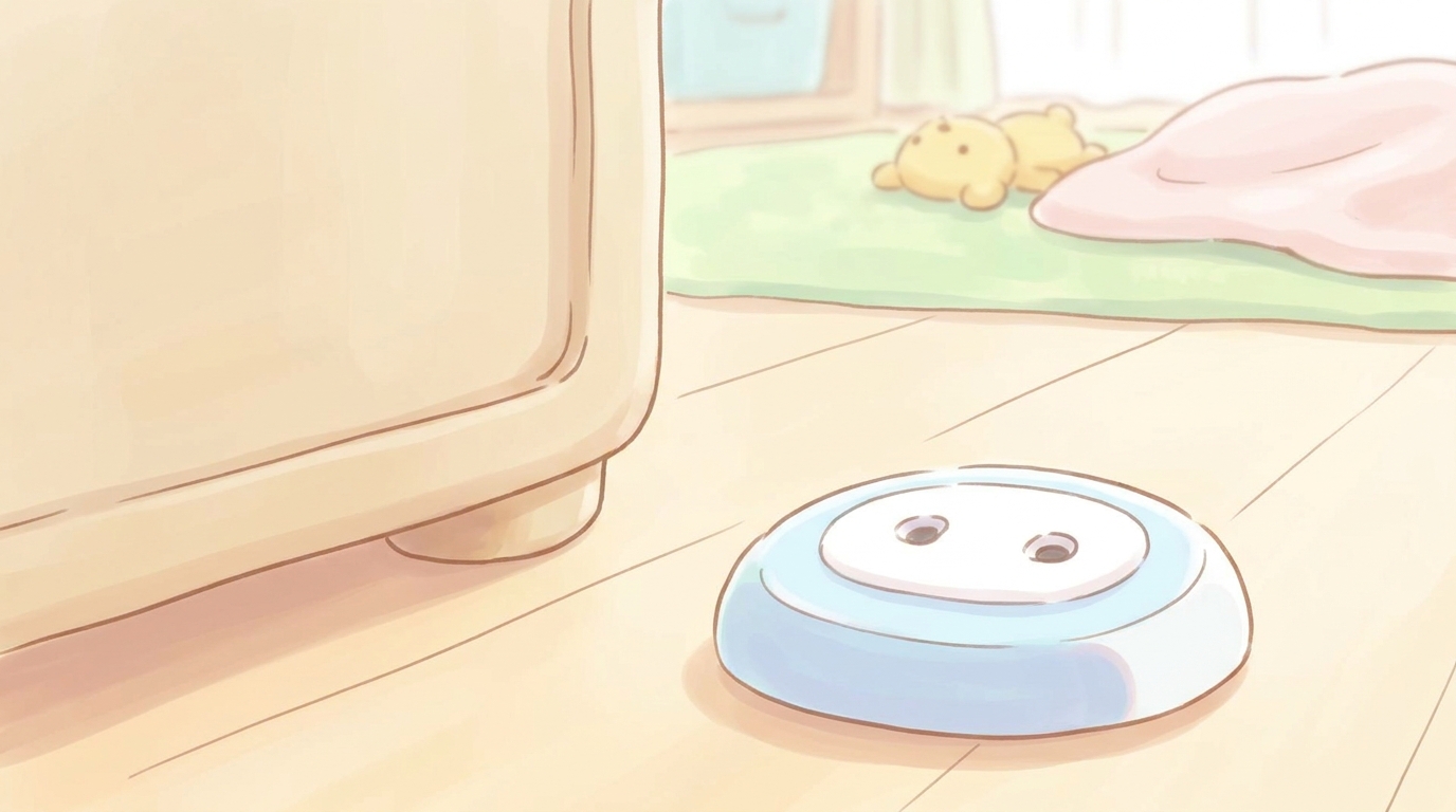 ハイハイする赤ちゃんの目線で撮影されたリビングの床、コンセントや家具の角が間近に見える様子