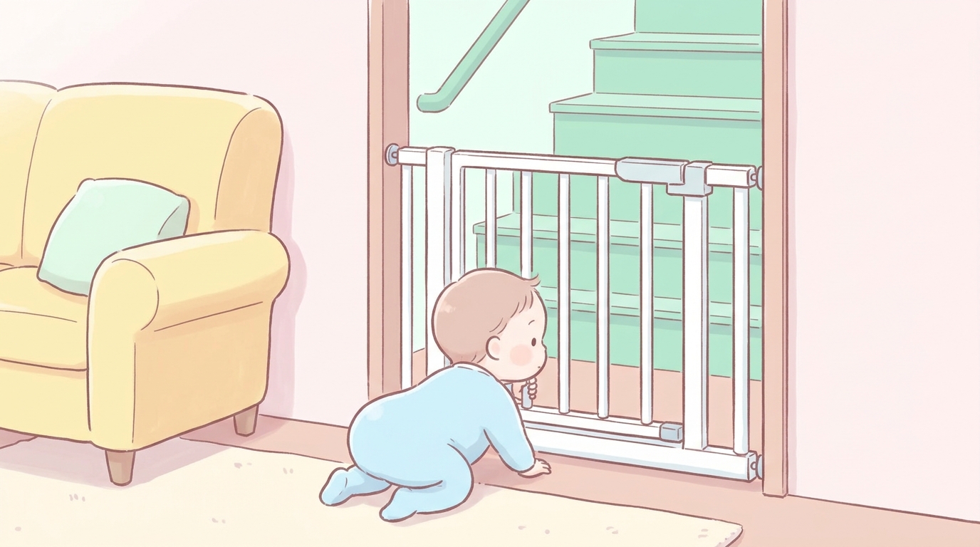 リビングと階段の境目に設置された白いベビーゲート、ハイハイしながら向こう側を覗き込む赤ちゃん