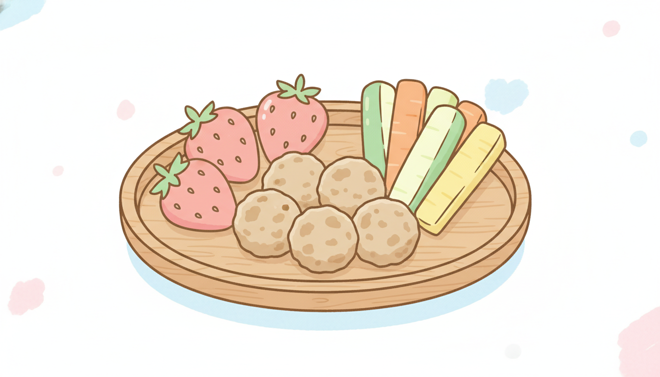 木製の小さなトレーに並んだカラフルな手づかみ離乳食、鶏ひき肉のミニハンバーグや野菜スティック、いちごが添えられた可愛らしい盛り付け