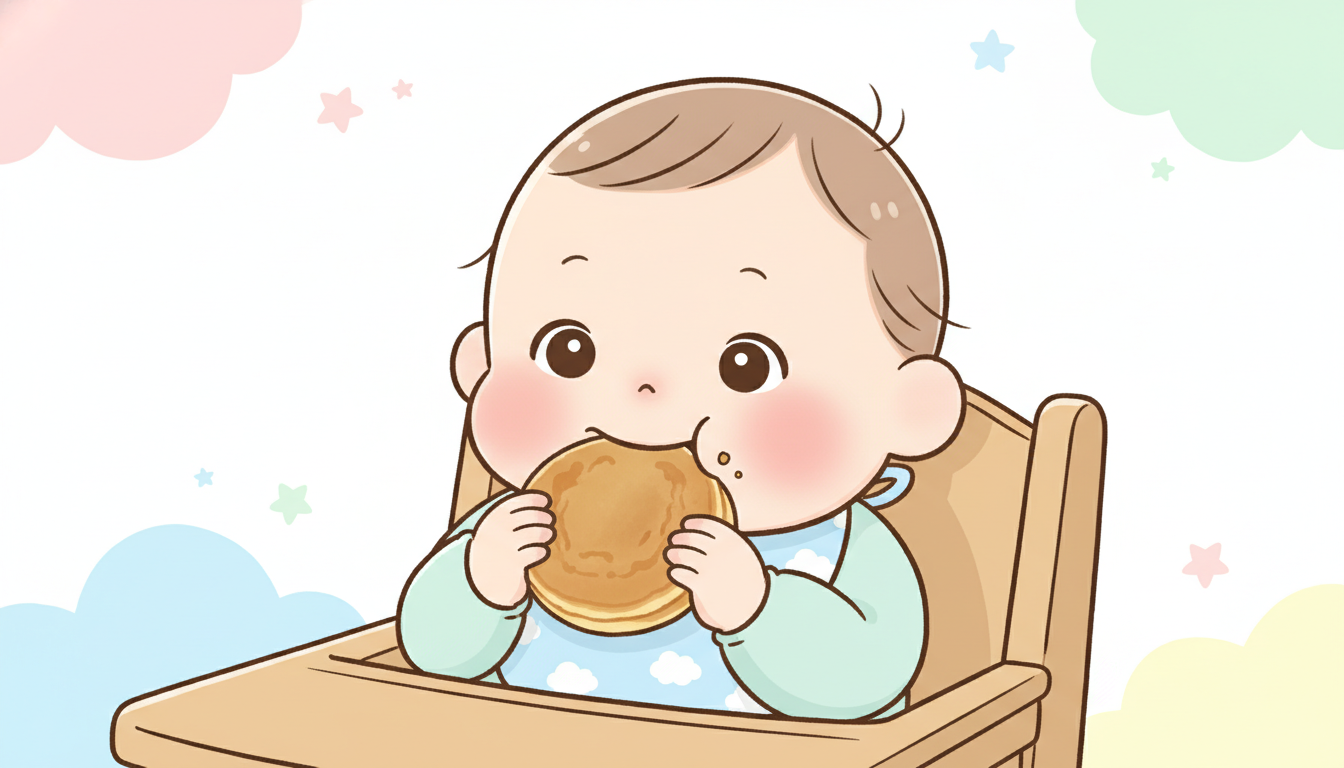 木製のベビーチェアに座って小さな手でおやきをつかんで頬張る赤ちゃんの笑顔のアップ
