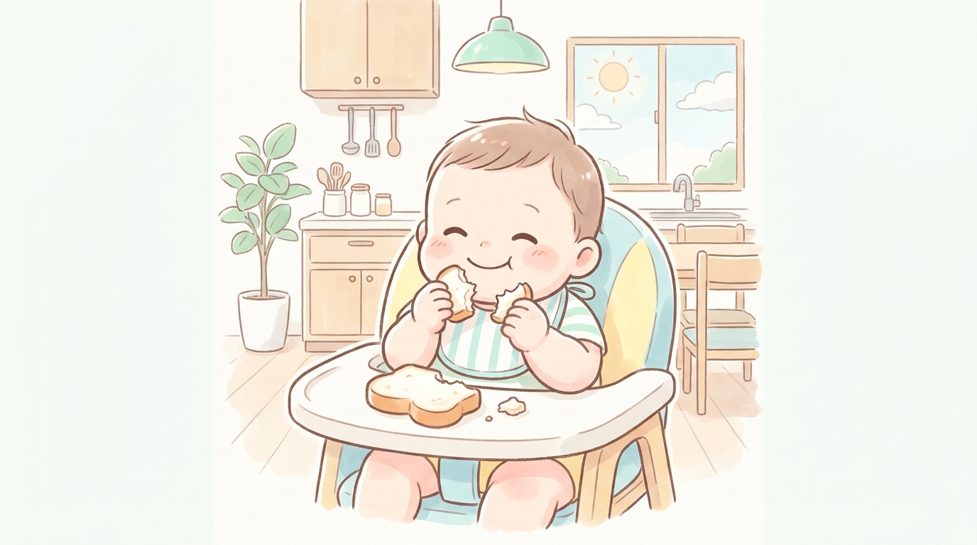 ベビーチェアに座った赤ちゃんが小さくちぎった食パンを手づかみで口に運ぶ、明るいキッチンの食事シーン