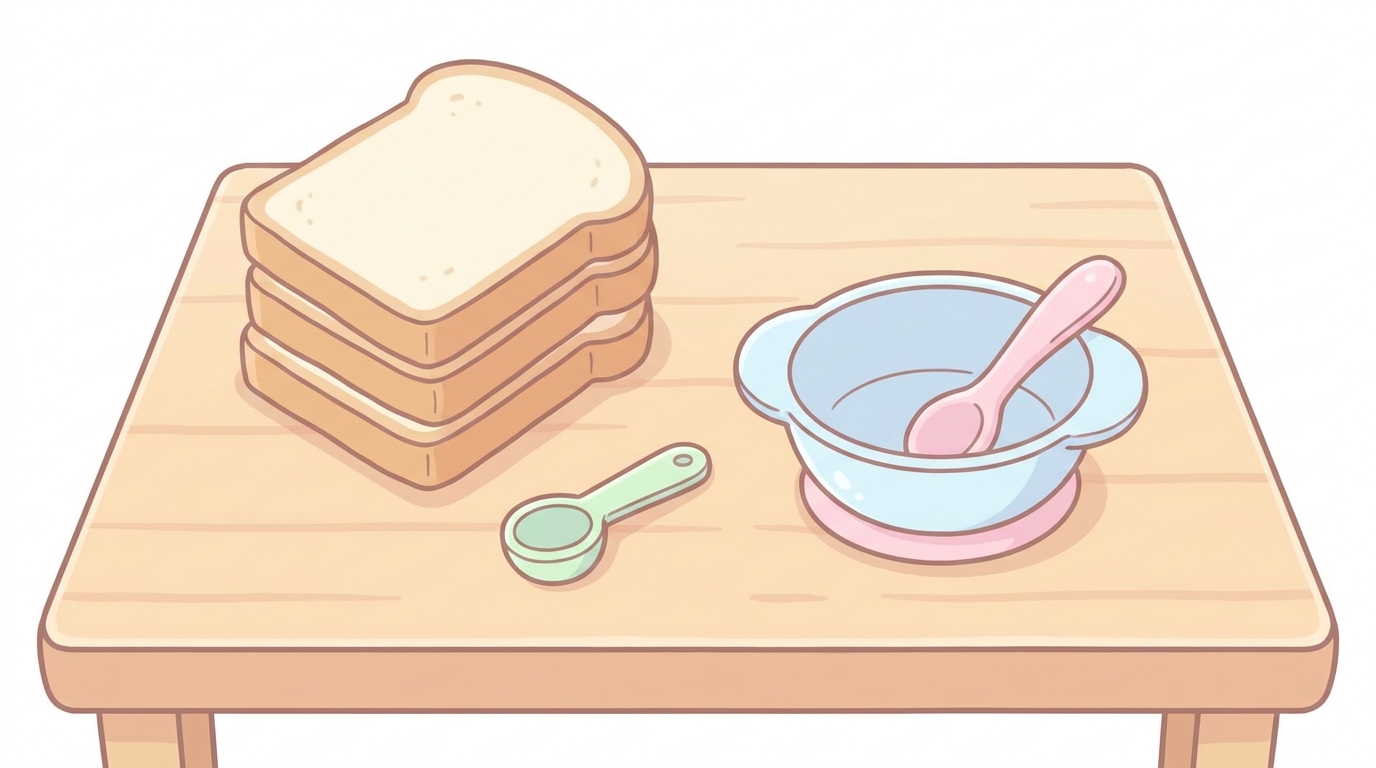 木製テーブルの上に8枚切りの食パン、計量スプーン、ベビー食器が並ぶ離乳食準備の俯瞰写真