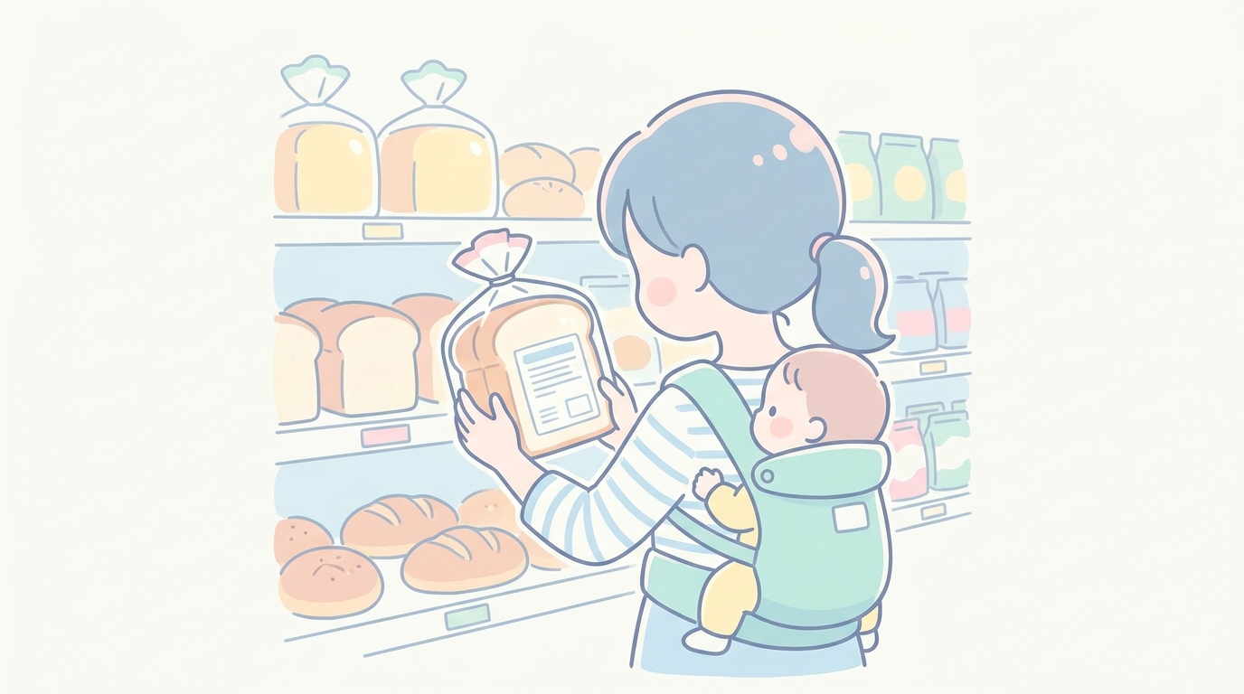 スーパーのパン売り場で食パンの原材料表示を真剣に確認する若いママの後ろ姿