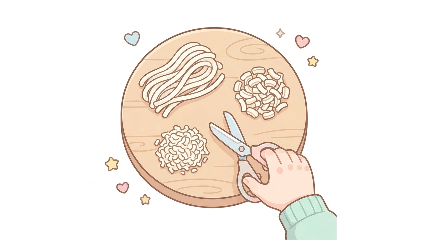 月齢別にカットされたうどんが並ぶ清潔な木製まな板と、キッチンばさみを持つ親の手元